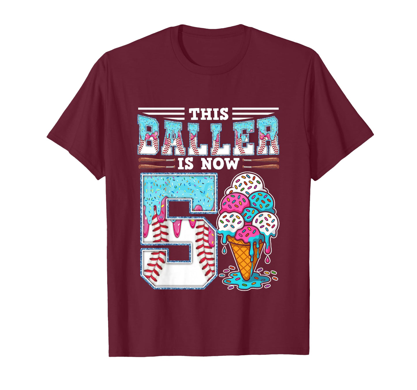 Kids Baller Is Now 5 Year Ice Cream Drip 5th Birthday Baseball T-Shirt