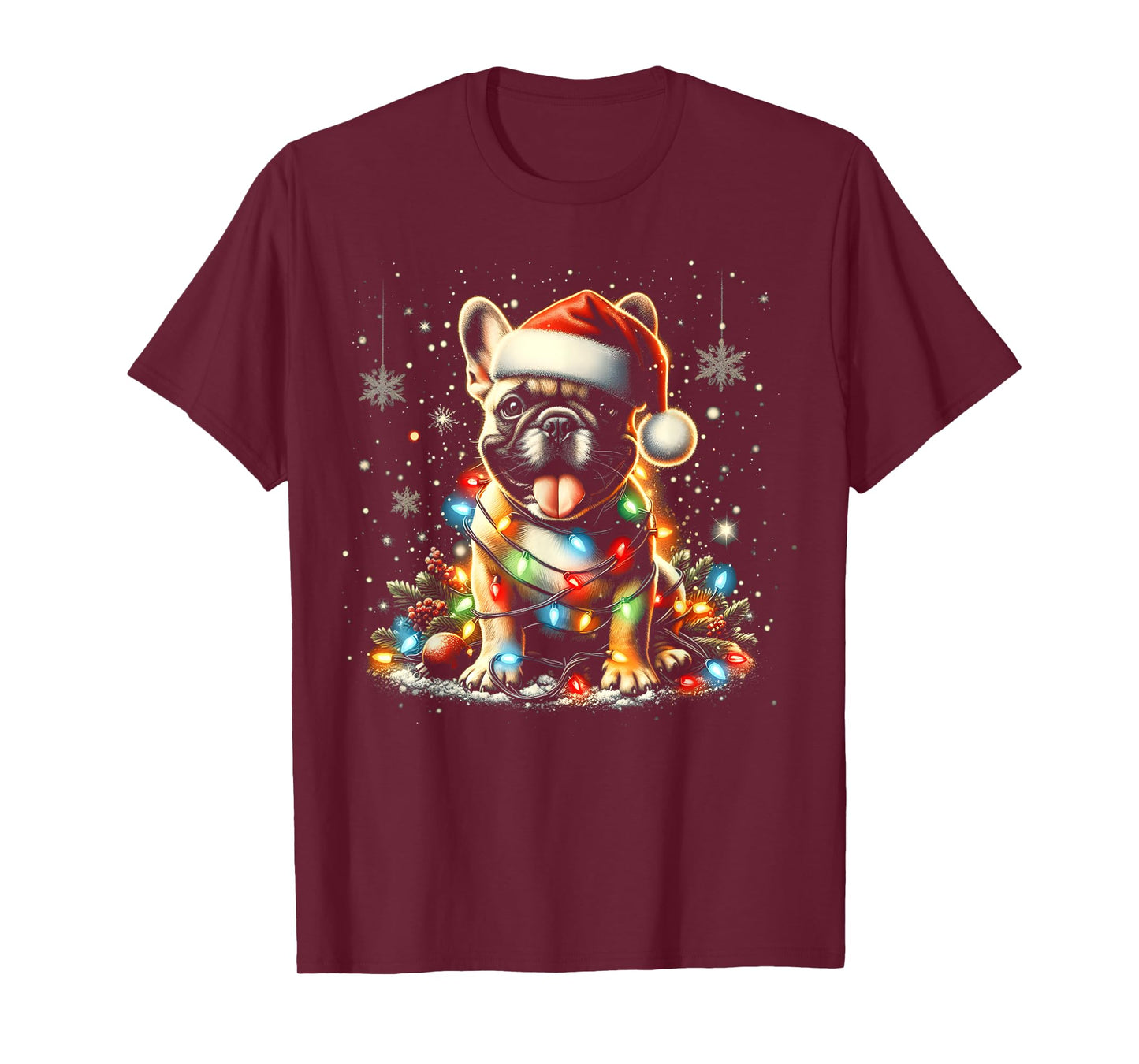 Frenchie Christmas French Bulldog with Santa Hat & Lights T-Shirt