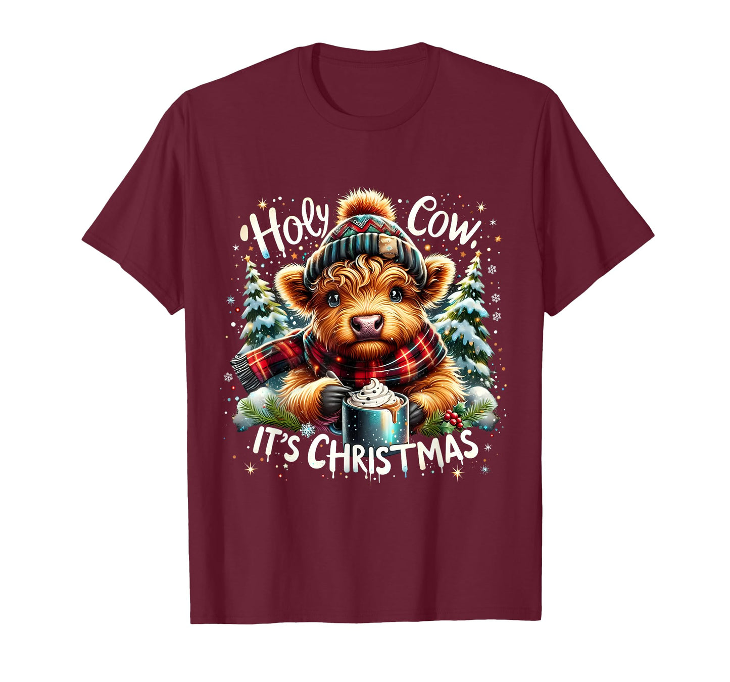 Holy Cow It’s Christmas Funny Cozy Farm Design HighlandCow T-Shirt