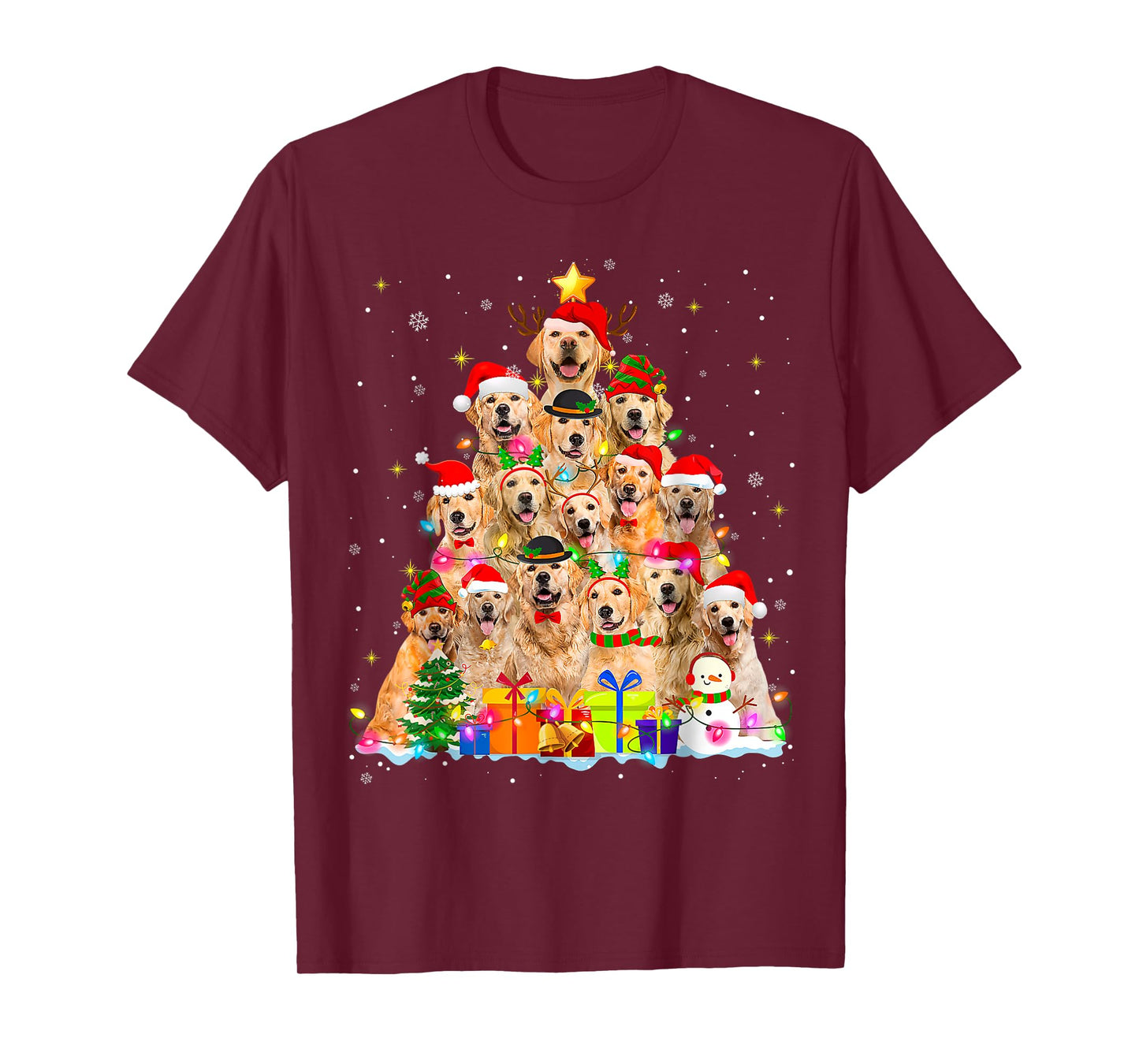 Golden Retriever Christmas Lights Tree Dog Funny Xmas 2025 T-Shirt for Men Women Kids
