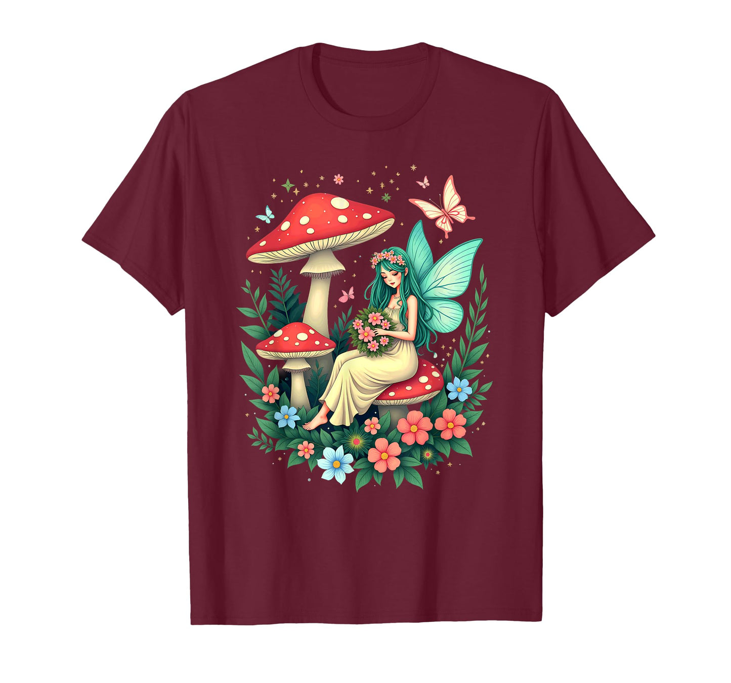 Fairy In Woodland Mushroom Fungi Flowers Butterflies T-Shirt