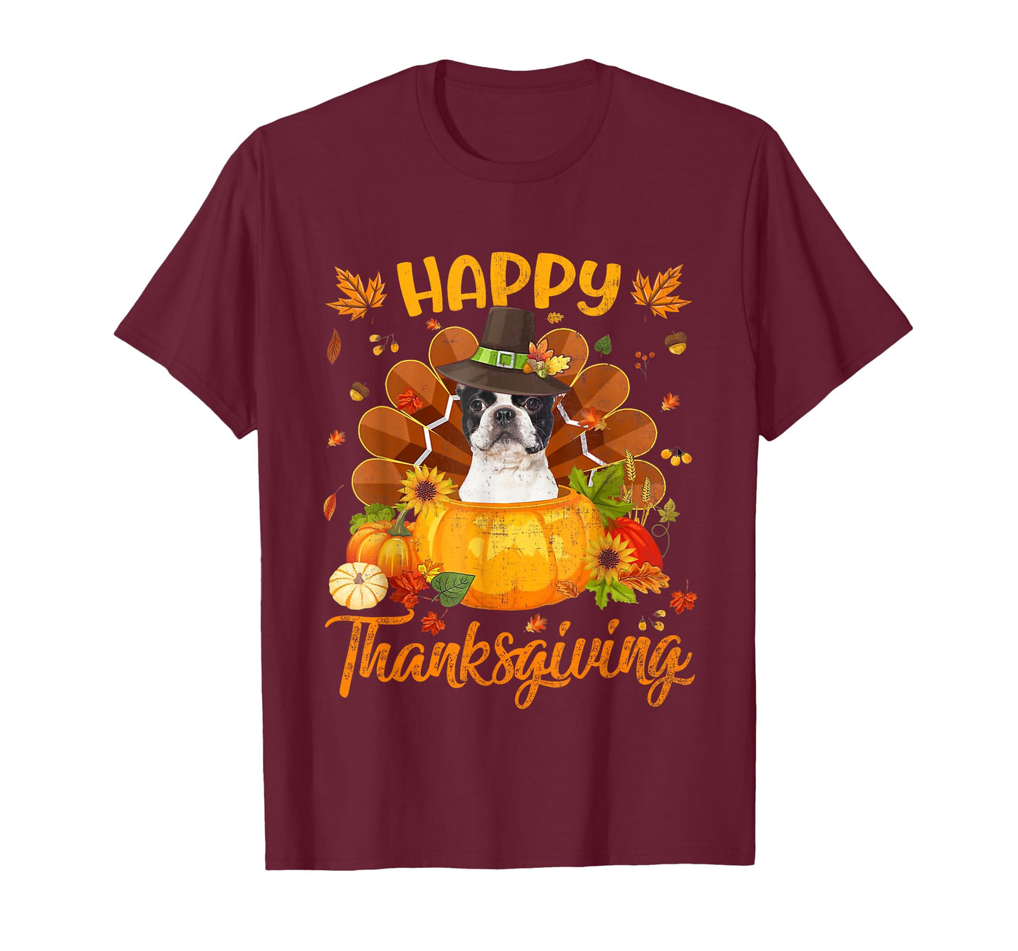 Happy Thanksgiving Boston Terrier Dog Turkey Pumpkin T-Shirt