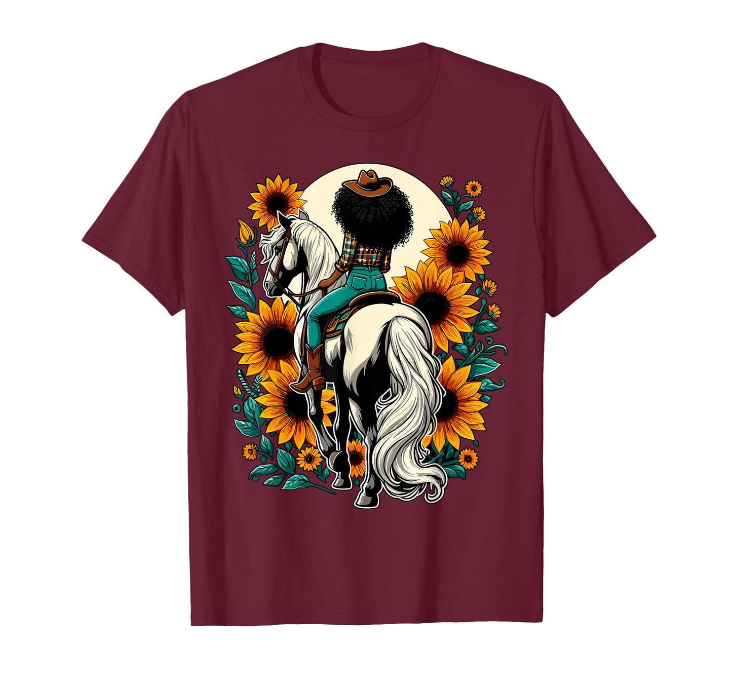 Afro Cowgirl Riding Horse Sunflower Western Country T-Shirt