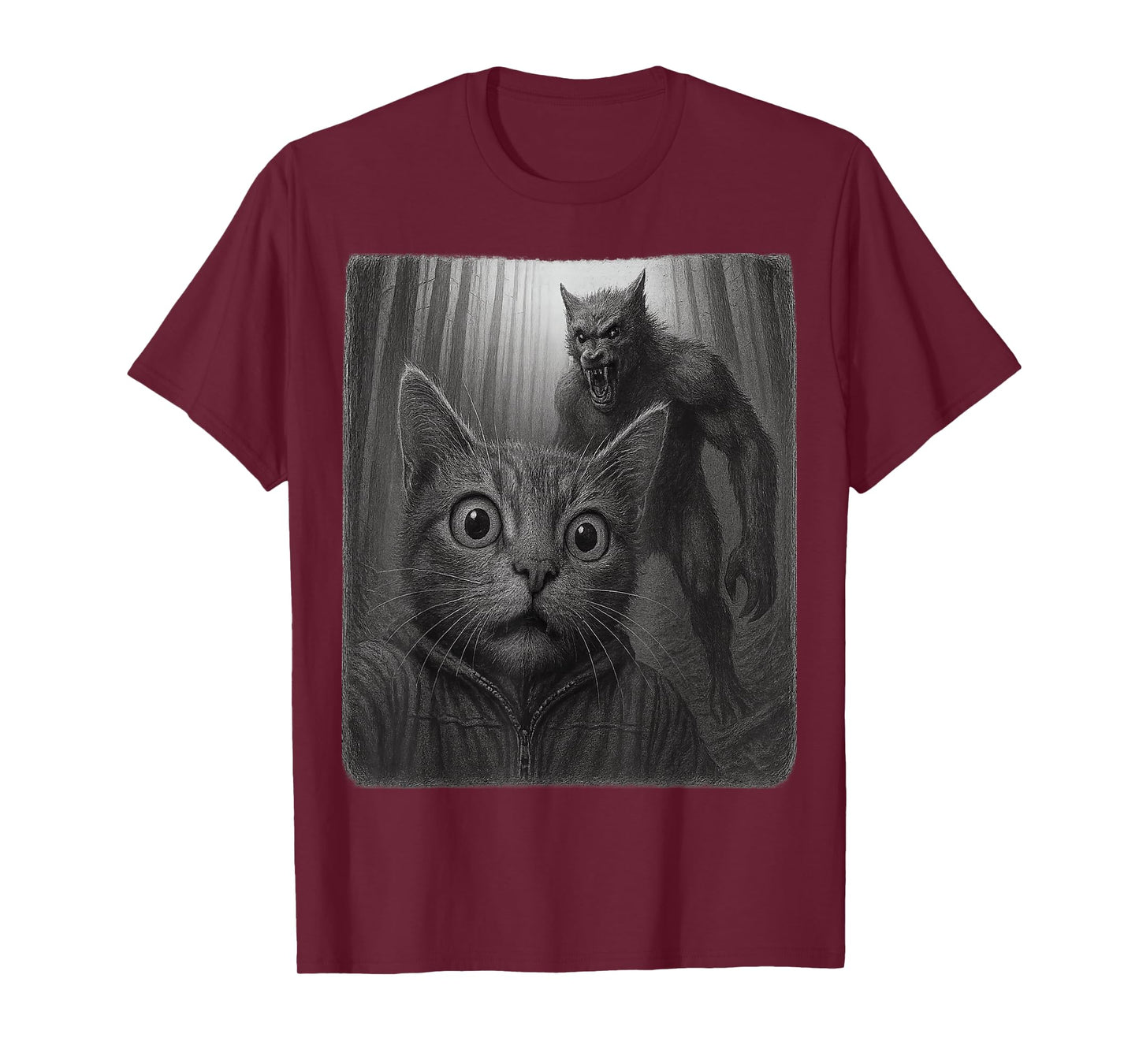 Funny Scared Cat Taking A Selfie with Cryptid Wolfman T-Shirt