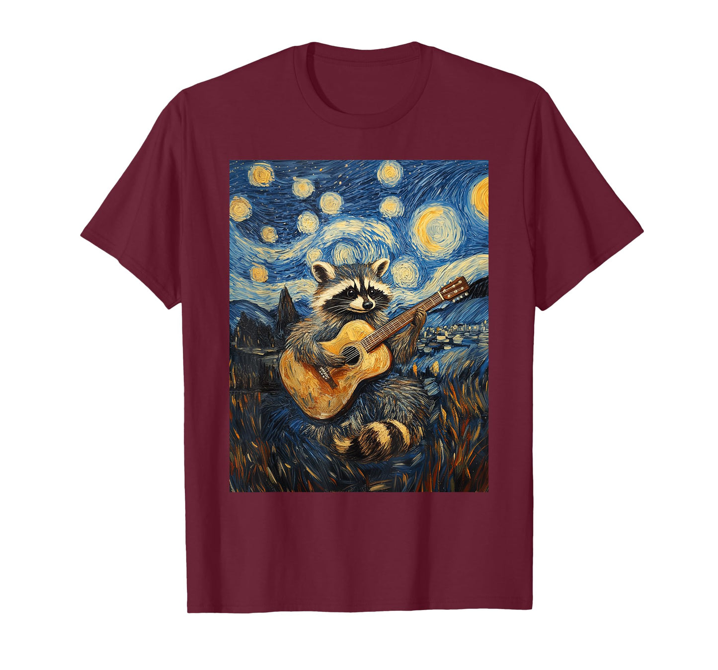 Funny Raccoon Play Guitar Guitarist Starry Night Van Gogh T-Shirt