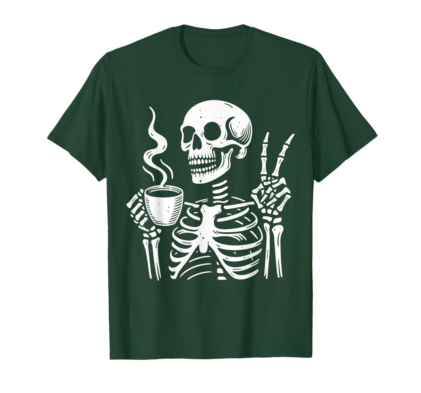 Skeleton Drinking Coffee Gothic Peace Sign Halloween Hippie T-Shirt