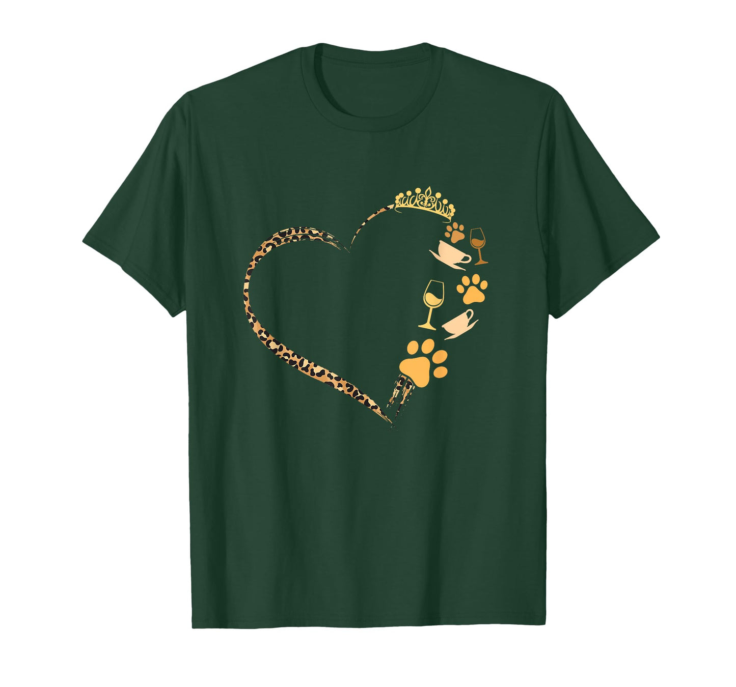Cute Dogs Paw Crown Wine Coffee Leopard Print Heart T-Shirt