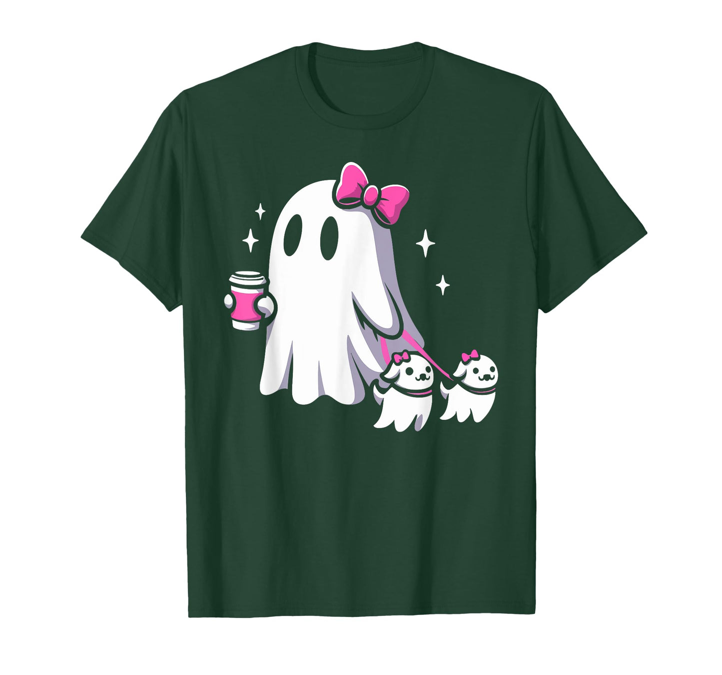 Halloween Cute Ghost Walking Dog Spooky Pink Coquette Ghost Men Women Girls Kids T-Shirt