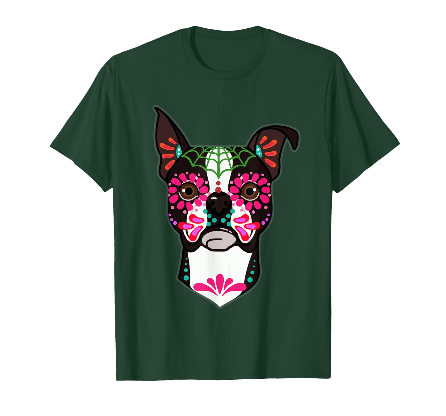 Boston Terrier Dog Day of the Dead Sugar Skull Dog Halloween Men Women T-Shirt