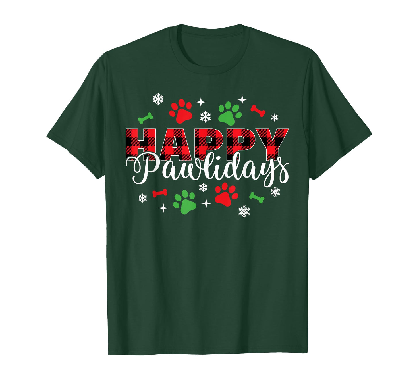 Happy Pawlidays Buffalo Plaid Dog Paws Christmas Holiday T-Shirt