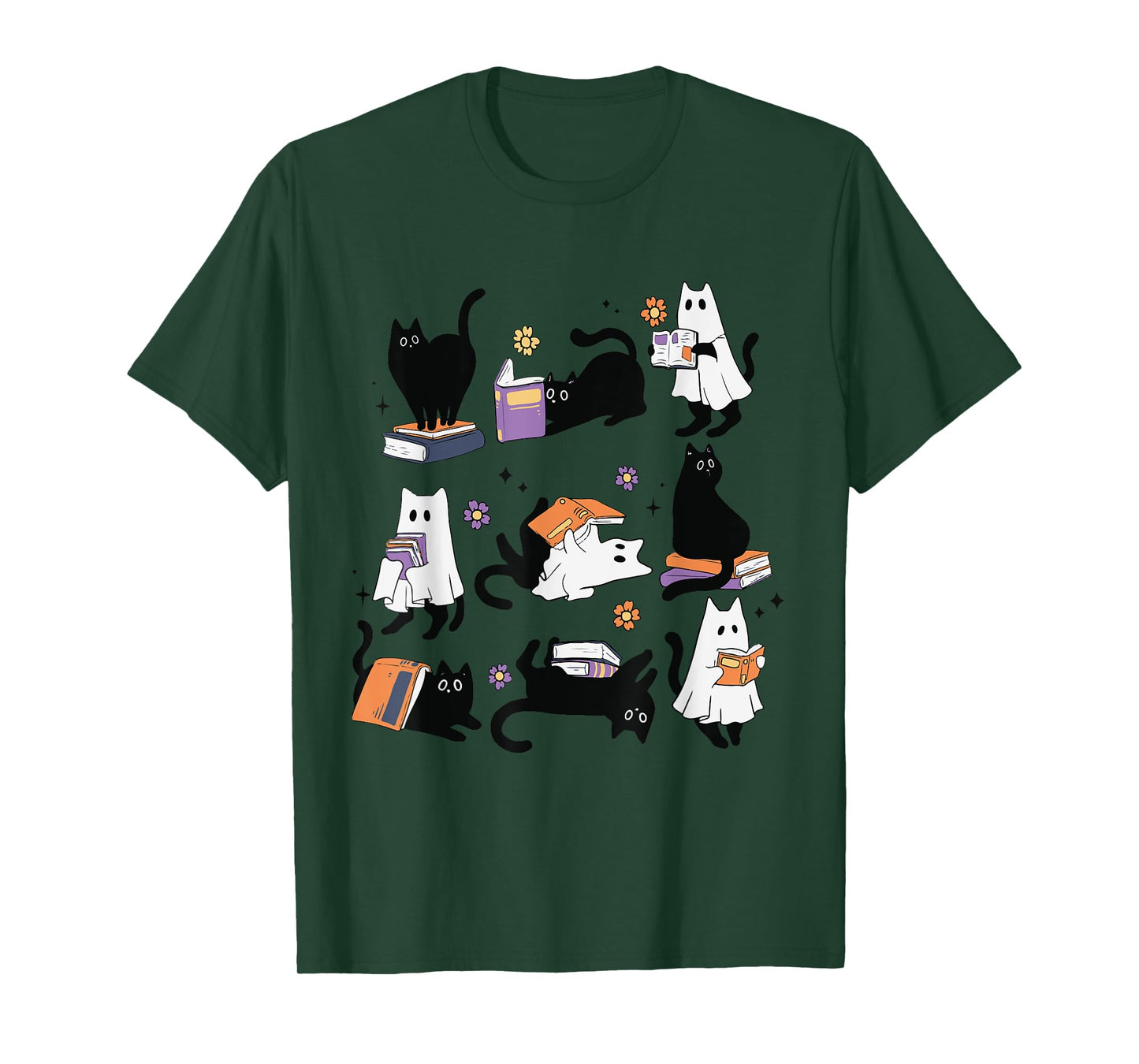 Halloween Ghost Black Cat Reading Book Costume T-Shirt for Men Women Kids