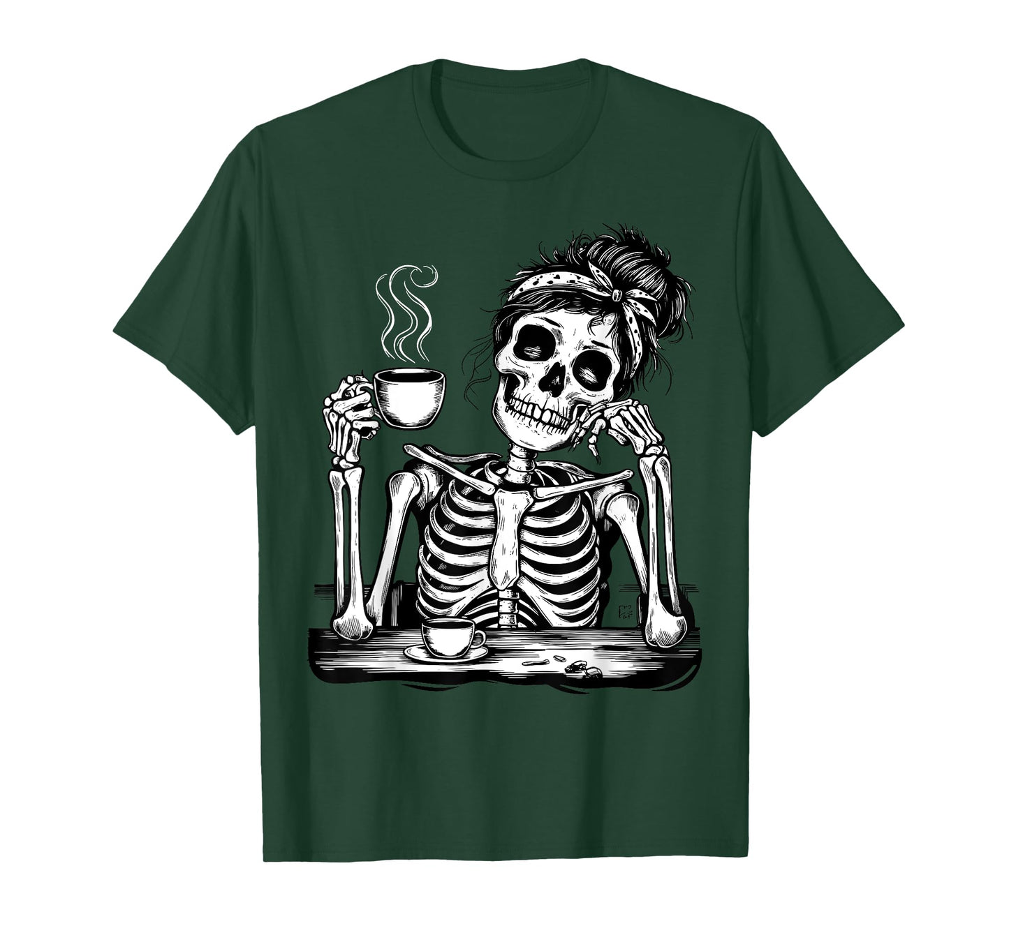 Messy Bun Drinking Coffee For Women Skeleton Tired Mom T-Shirt