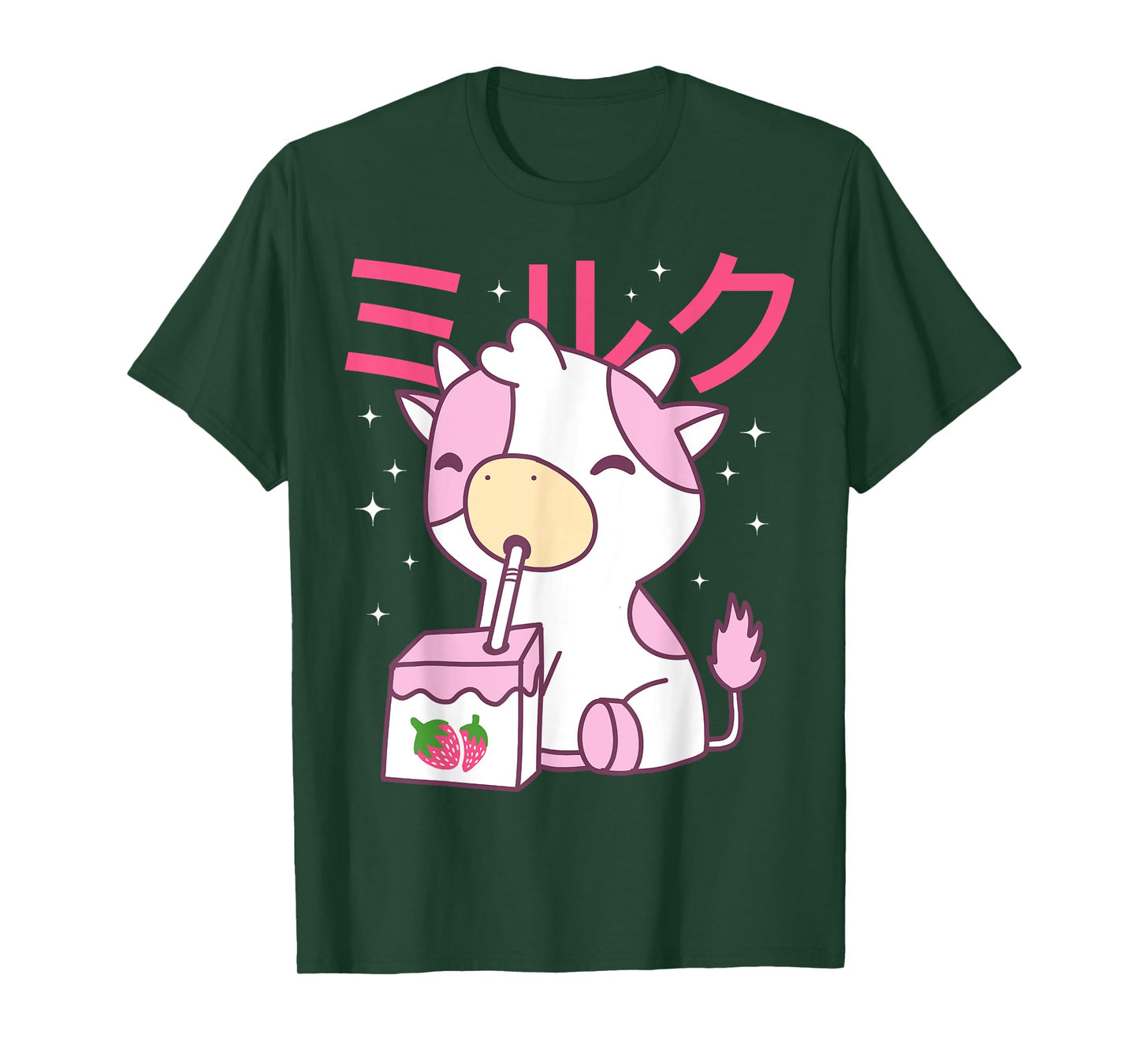 Strawberry Milk Drinking Cute Kawaii Cow T-Shirt