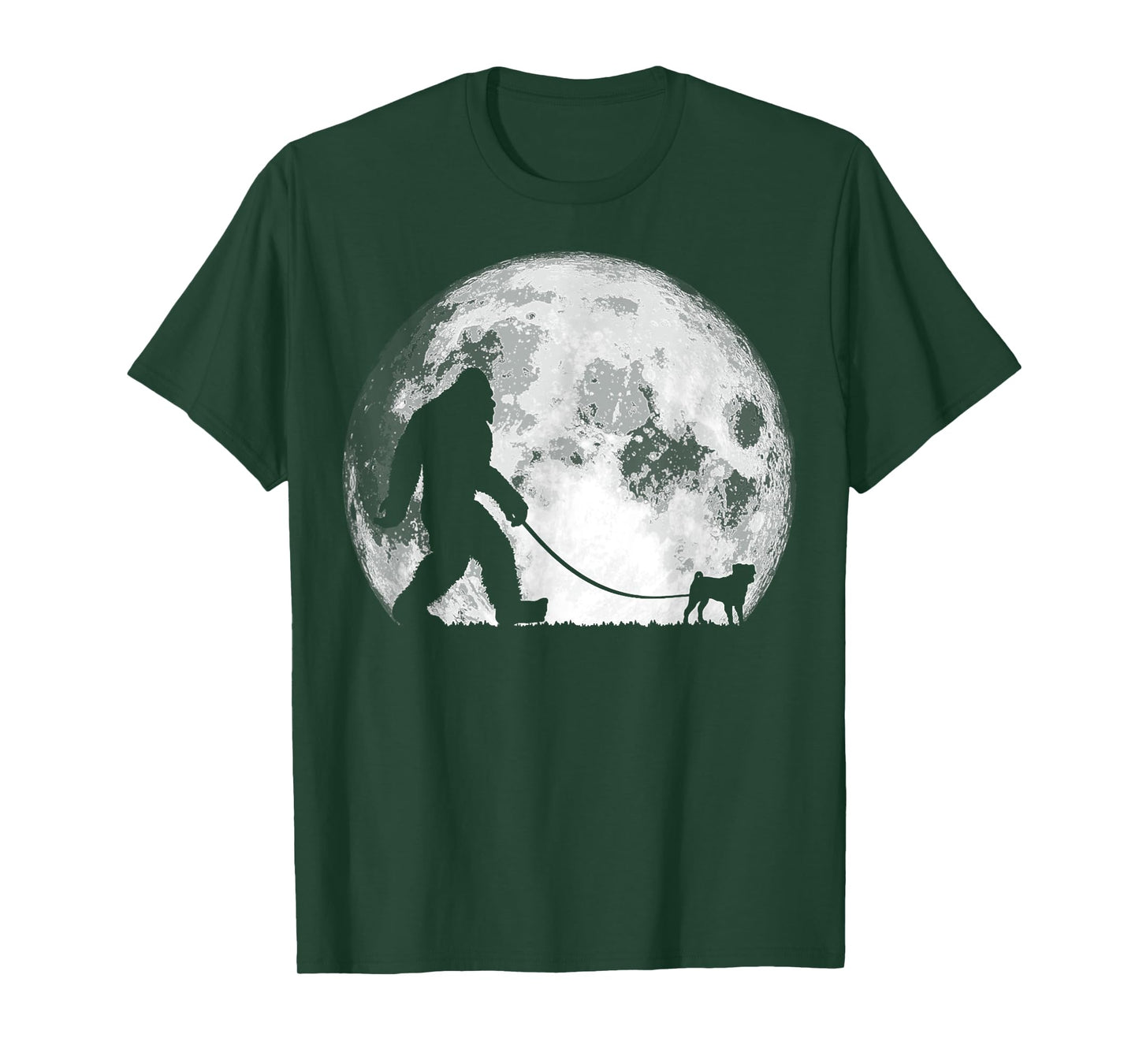 Bigfoot & Pug Funny Night Time Dog Walking Graphic T-Shirt for Men Women