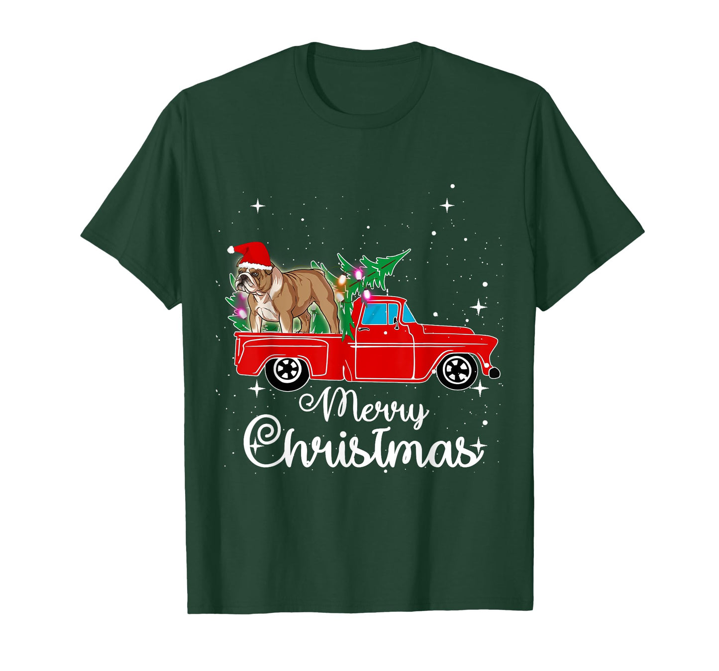 English Bulldog Dog Red Truck Christmas Tree Lights Xmas T-Shirt