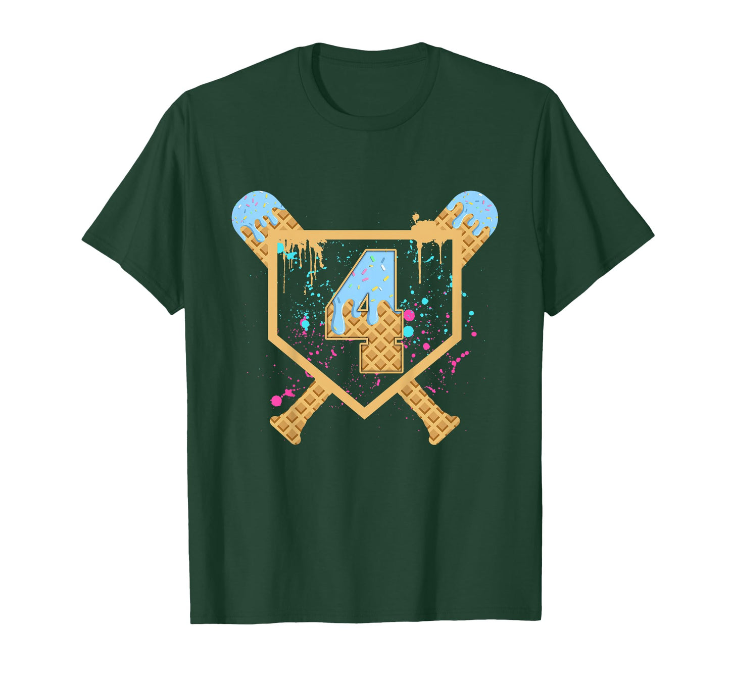 Kids Baseball 4 Year Old Ice Cream Drip 4th Birthday Boy Number 4 T-Shirt
