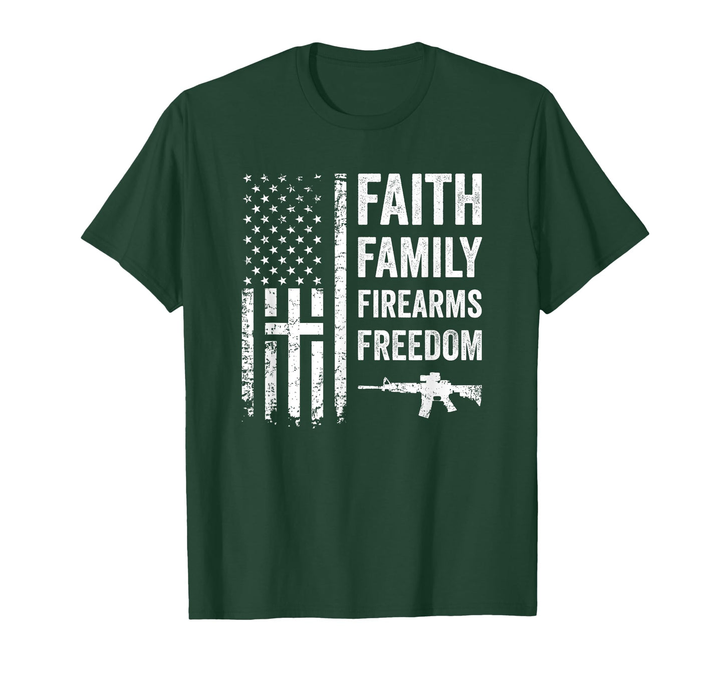 Faith Family Firearms & Freedom - Pro God Gun USA Cross Flag T-Shirt