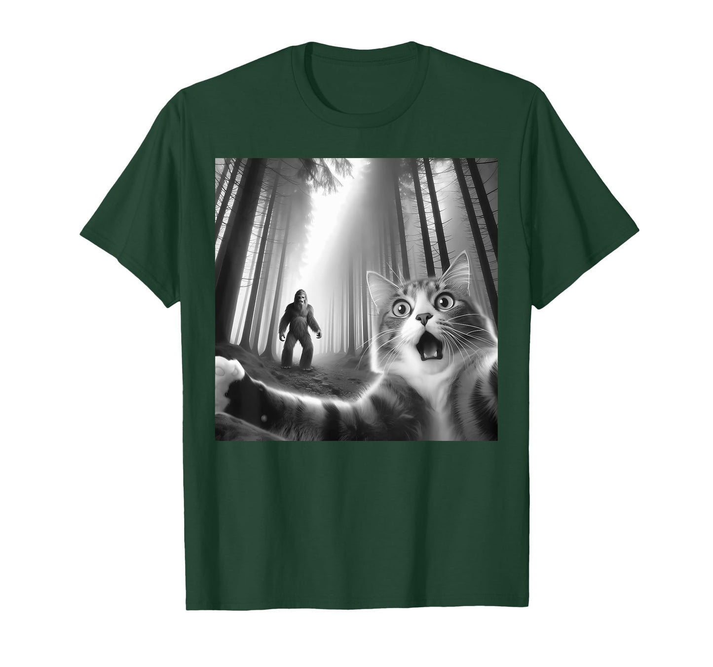 Funny Tee Surprised Scared Cat Selfie With Bigfoot Sasquatch T-Shirt for Men Women Kids
