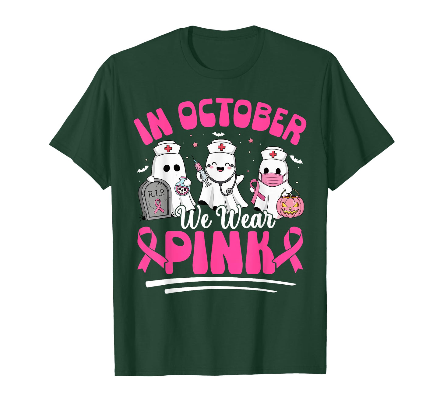 In October We Wear Pink Nurse Ghost Halloween Breast Cancer T-Shirt