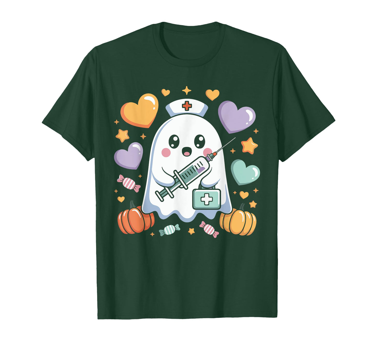 Cute Halloween Ghost Nurse Syringe Pumpkin Hearts Design T-Shirt