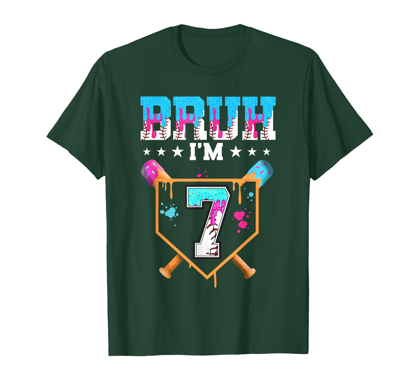 Bruh 7th Birthday Boy Baseball Ice Cream Drip 7 Year Old Boy T-Shirt