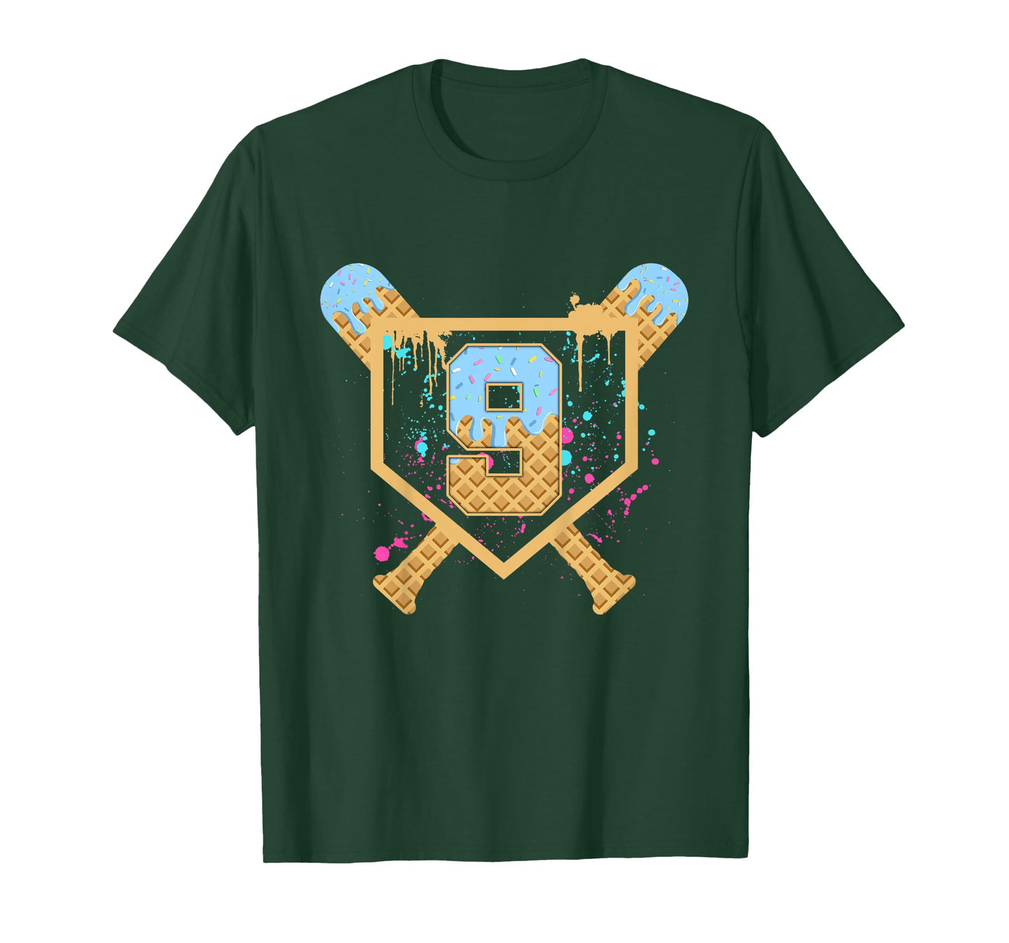Kids Baseball 9 Year Old Ice Cream Drip 9th Birthday Boy Number 9 T-Shirt