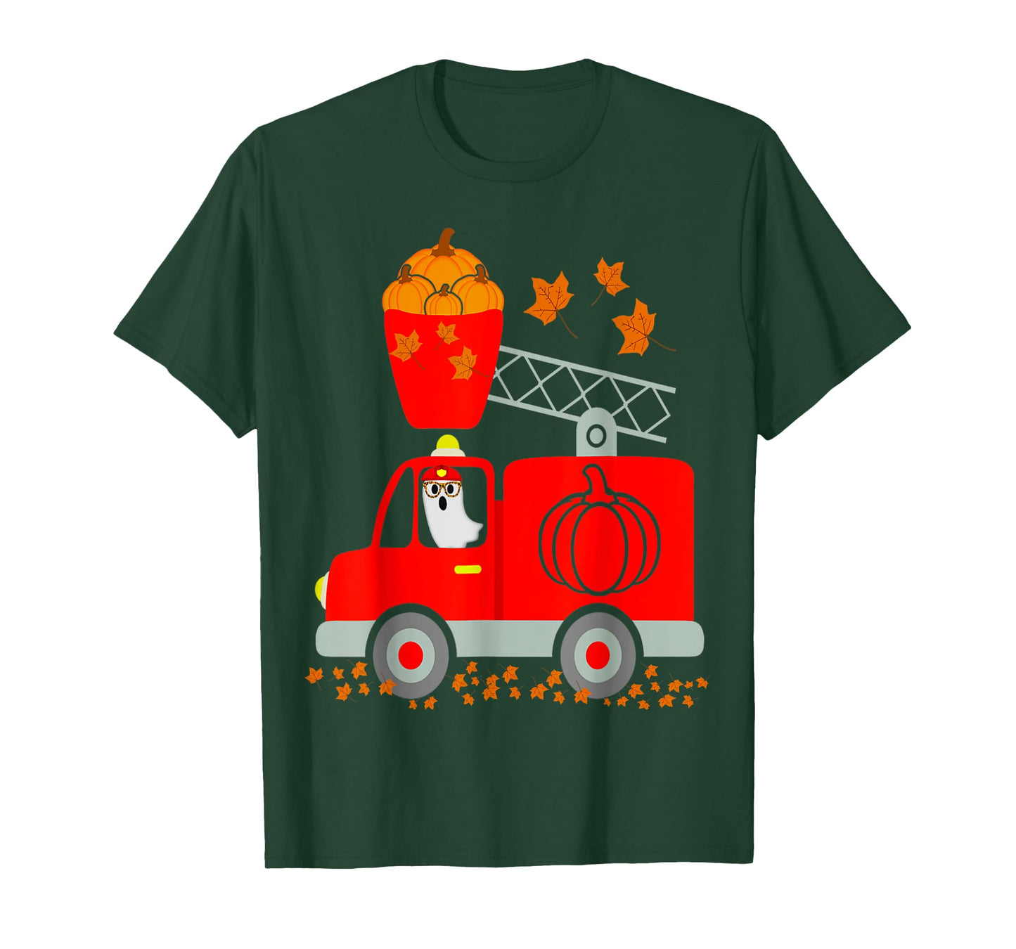 Funny Ghost Pumpkin Fire Truck Halloween For Son Kids Adult T-Shirt