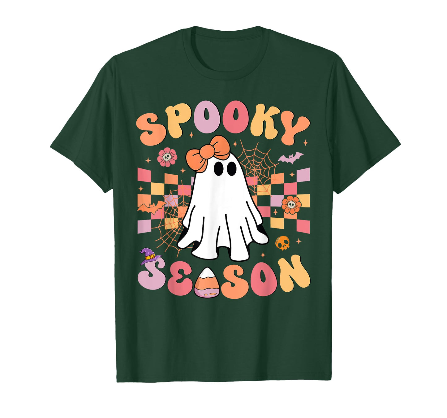 Spooky Season Cute Ghost Coquette Bow Groovy Happy Halloween T-Shirt