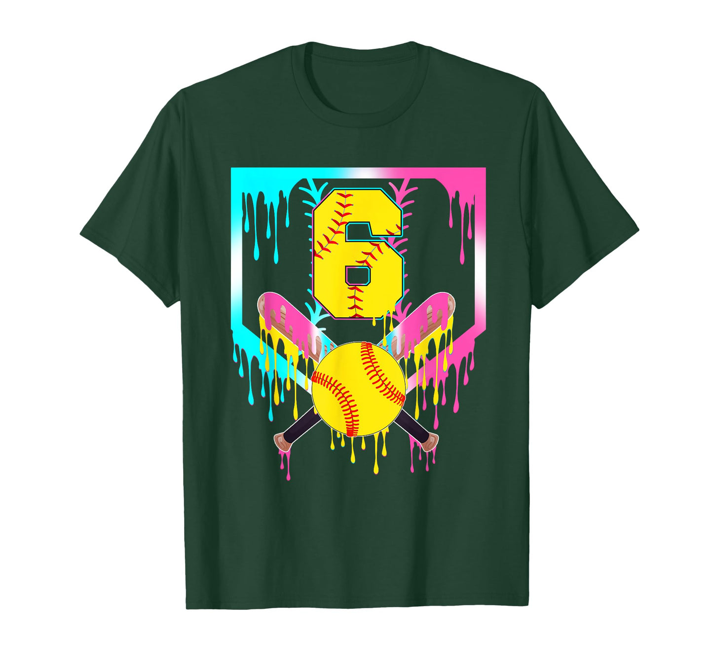 6th Bday Softball Home Plate Drip Ice Cream 6 Year Old T-Shirt