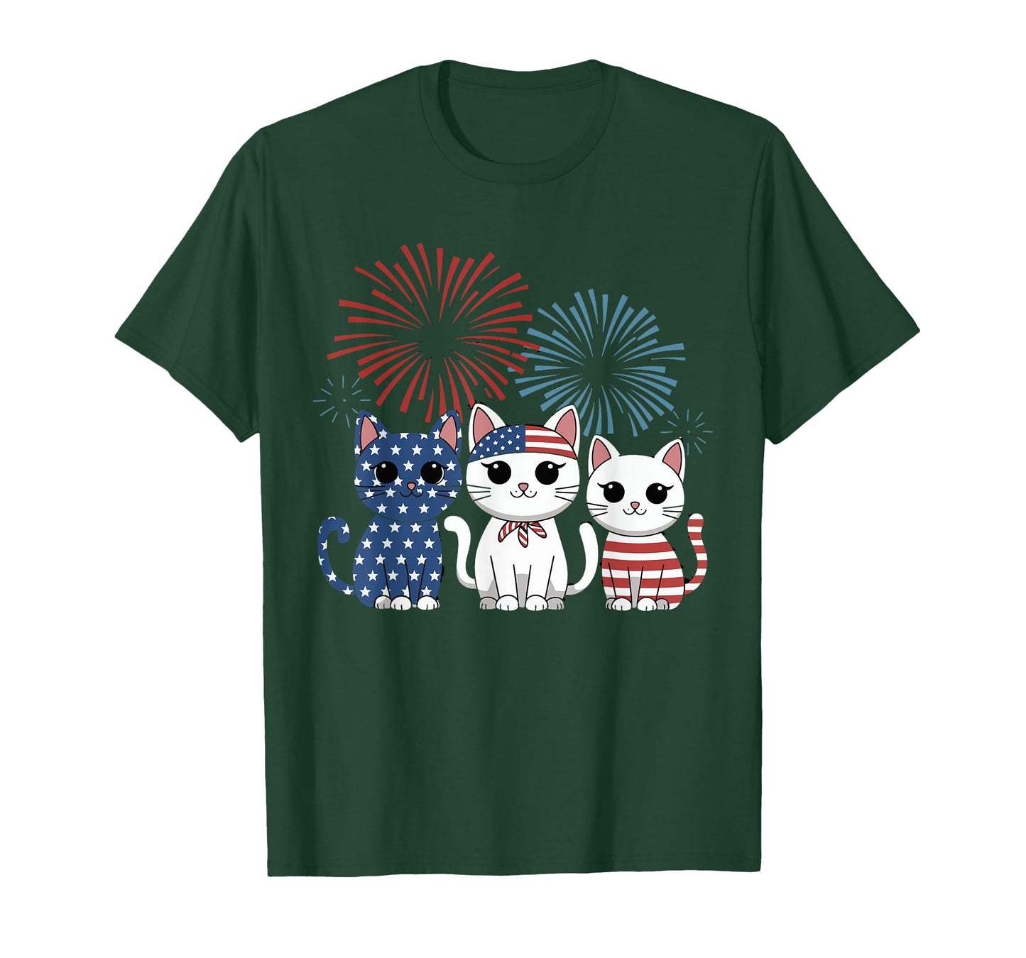 Red White Blue Cat USA Flag Firework 4th Of July T-Shirt for Men Women Kids