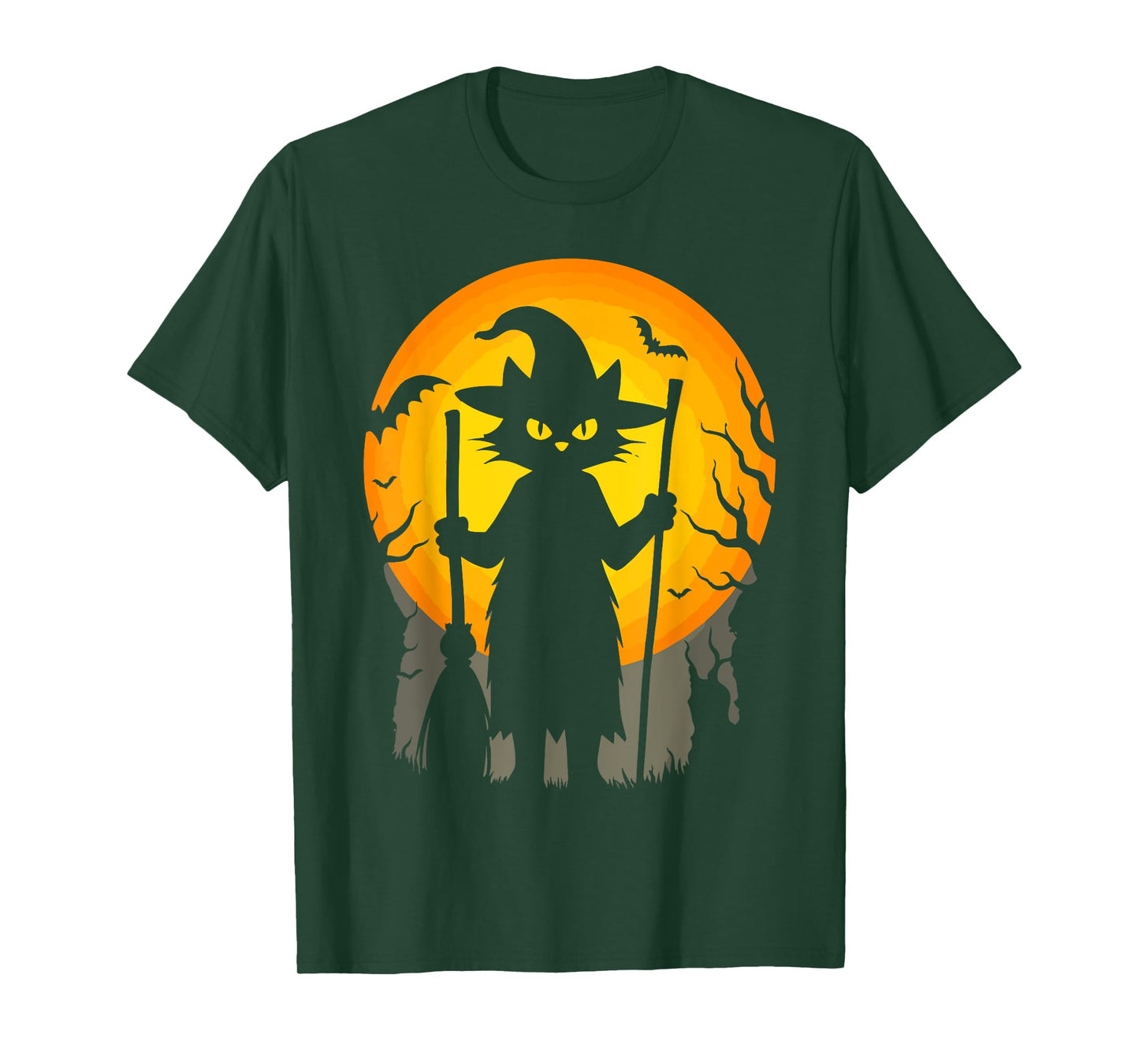 Spooky Witch Cat Halloween Full Moon Night Broom Art T-Shirt