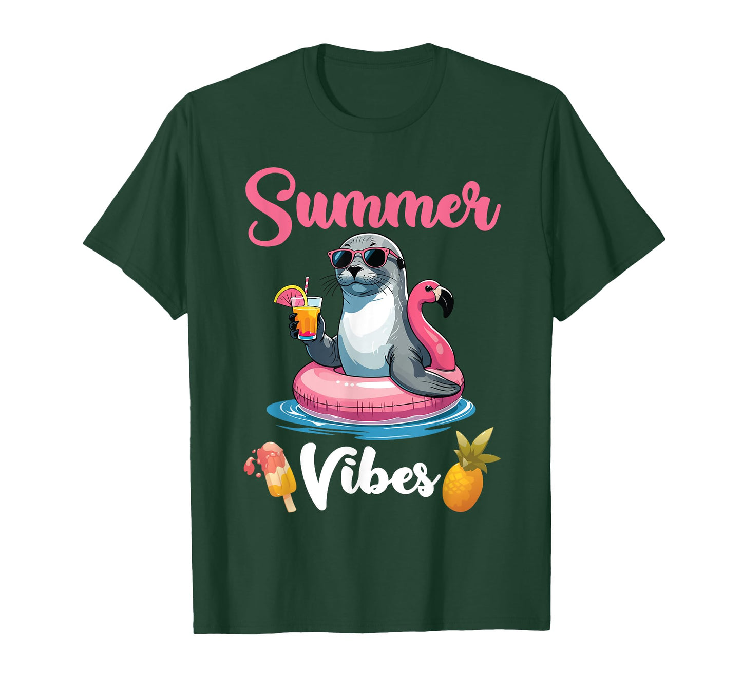 Seal On Flamingo Float And Drinking Fruit Punch Summer Vibes T-Shirt