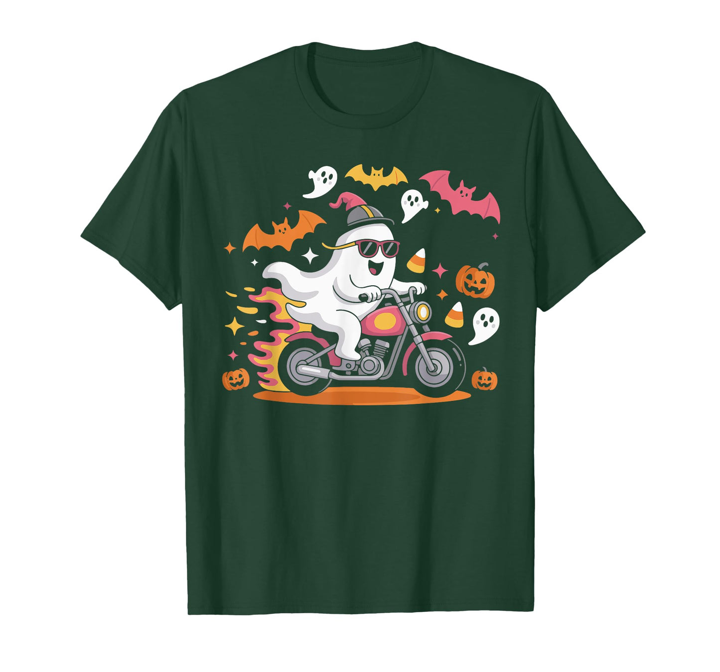 Funny Ghost Biker Halloween With Flames And Pumpkins Men T-Shirt