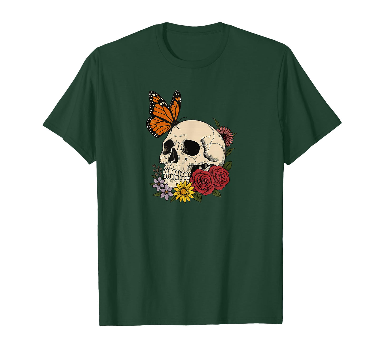 Skulls Monarch Butterfly Flowers Halloween Men Women T-Shirt