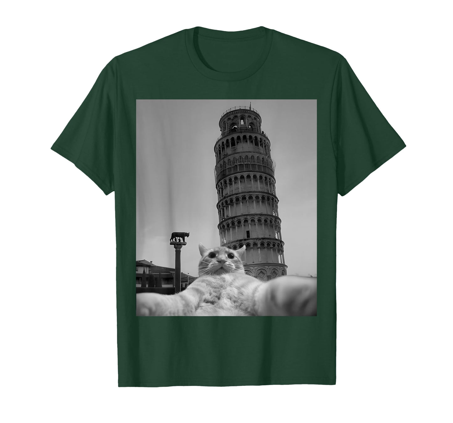 Cat Selfie Pisa Tower Italy Funny Animal Casual Outfit T-Shirt for Men Women Kids