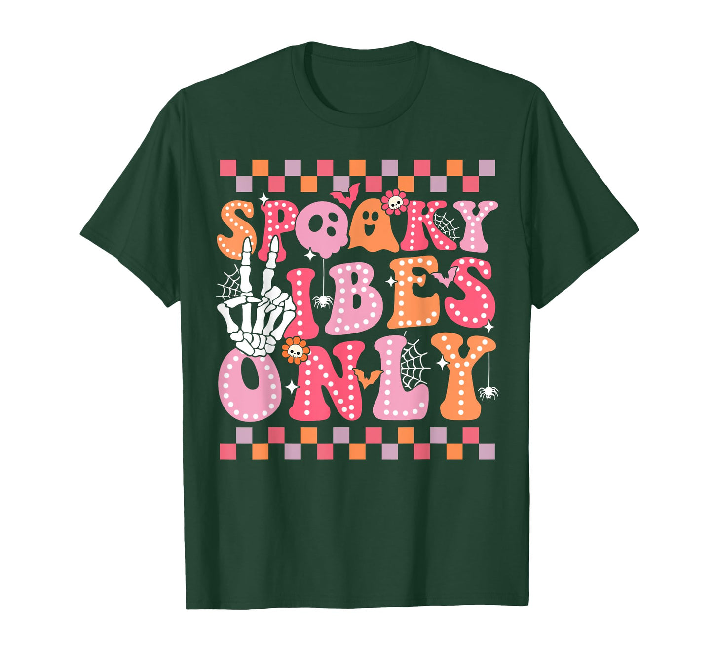 Spooky Vibes Only Halloween Skeleton Peace Checkered Groovy T-Shirt