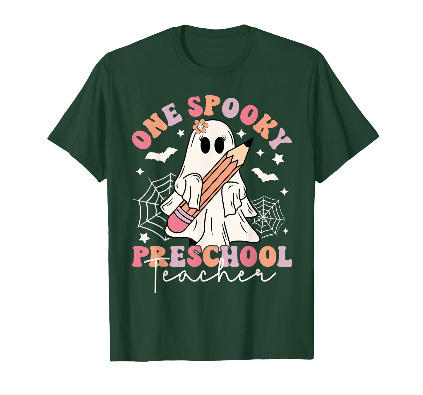 One Spooky Preschool Teacher Ghost Retro Halloween 2024 T-Shirt