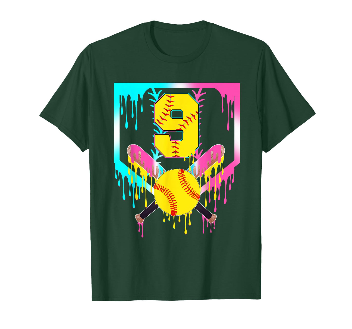 9th Bday Softball Home Plate Drip Ice Cream 9 Year Old T-Shirt