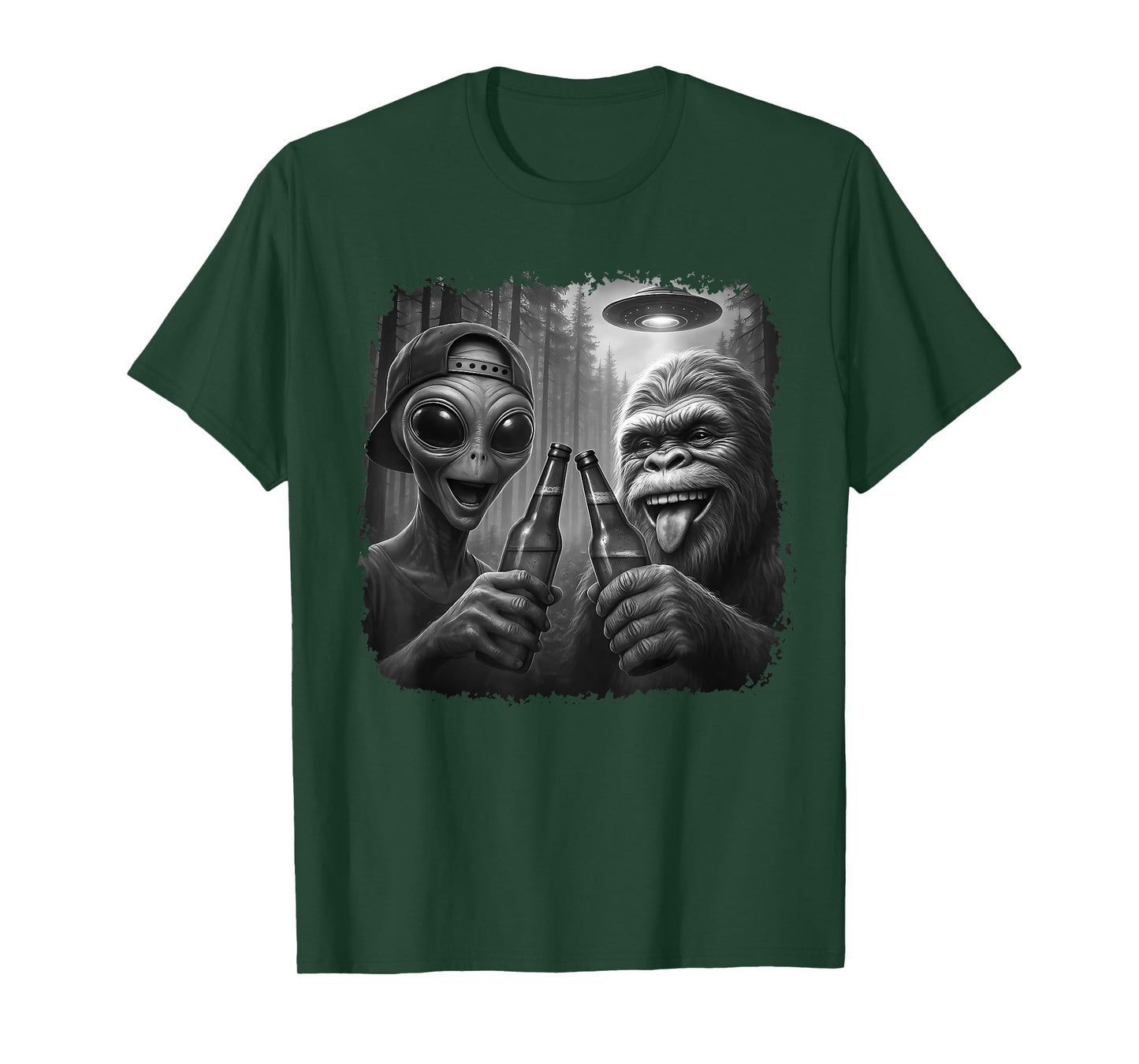 Bigfoot Beer and UFO Shirt Funny Sasquatch Cryptid Alien T-Shirt