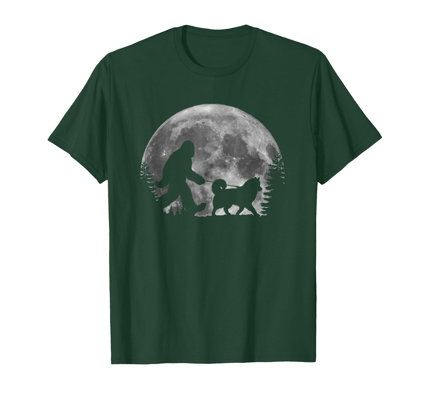 Bigfoot Walking a Dog Funny Siberian Husky Moon Halloween T-Shirt for Men Women Kids