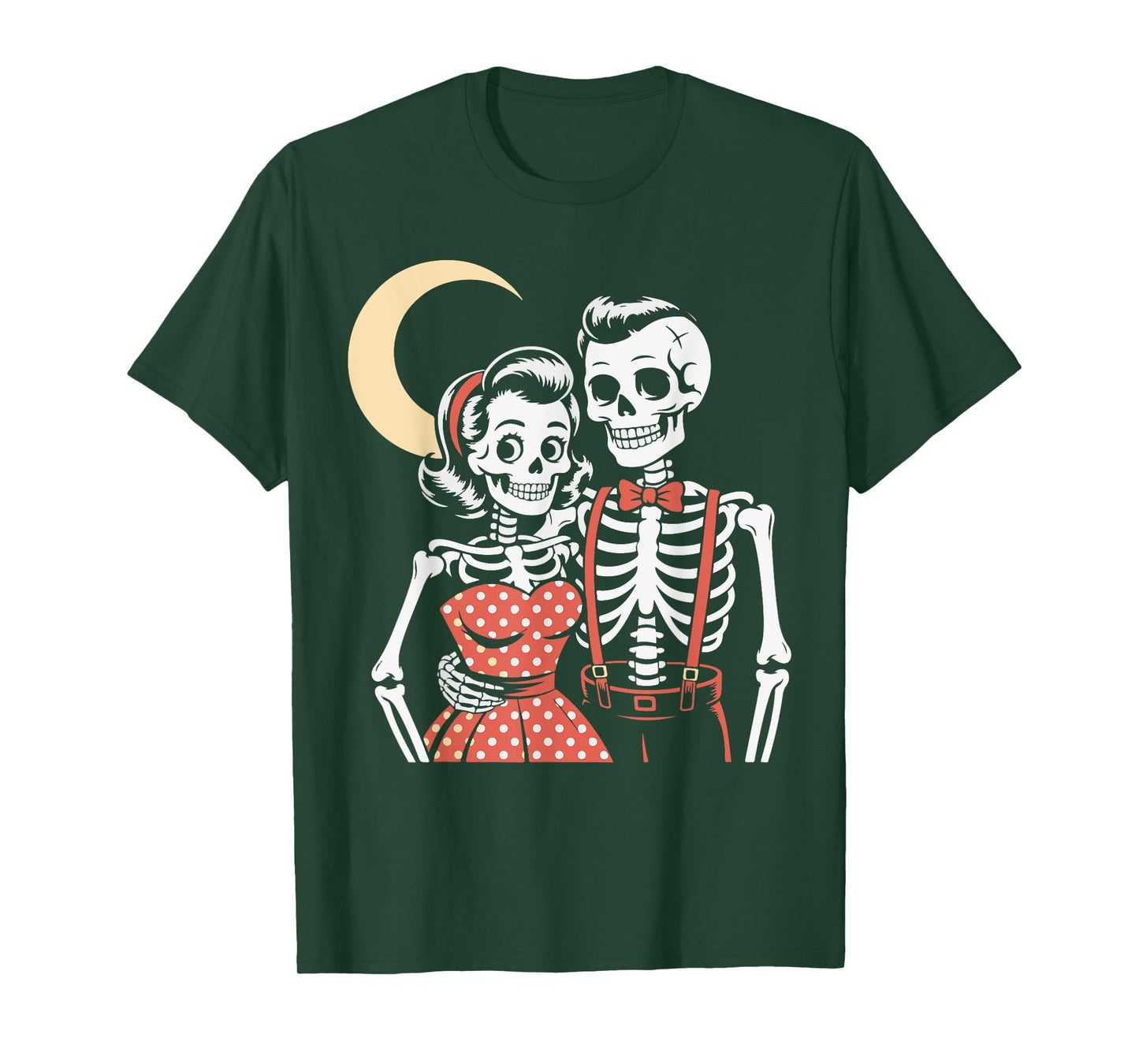 Vintage Halloween Skeleton Couple in Love 1950s Style Moon T-Shirt