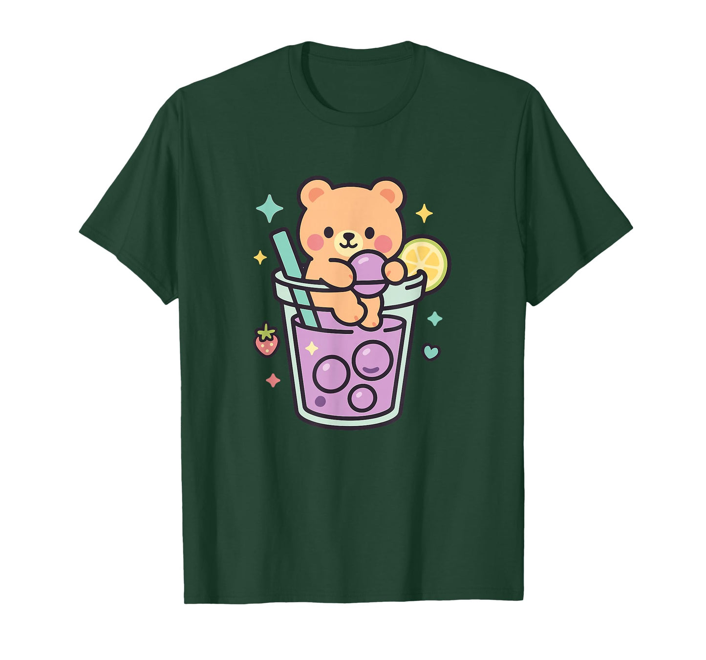 Kawaii Teddy Bear with Bubble Tea and Boba Pearls Cute Straw T-Shirt