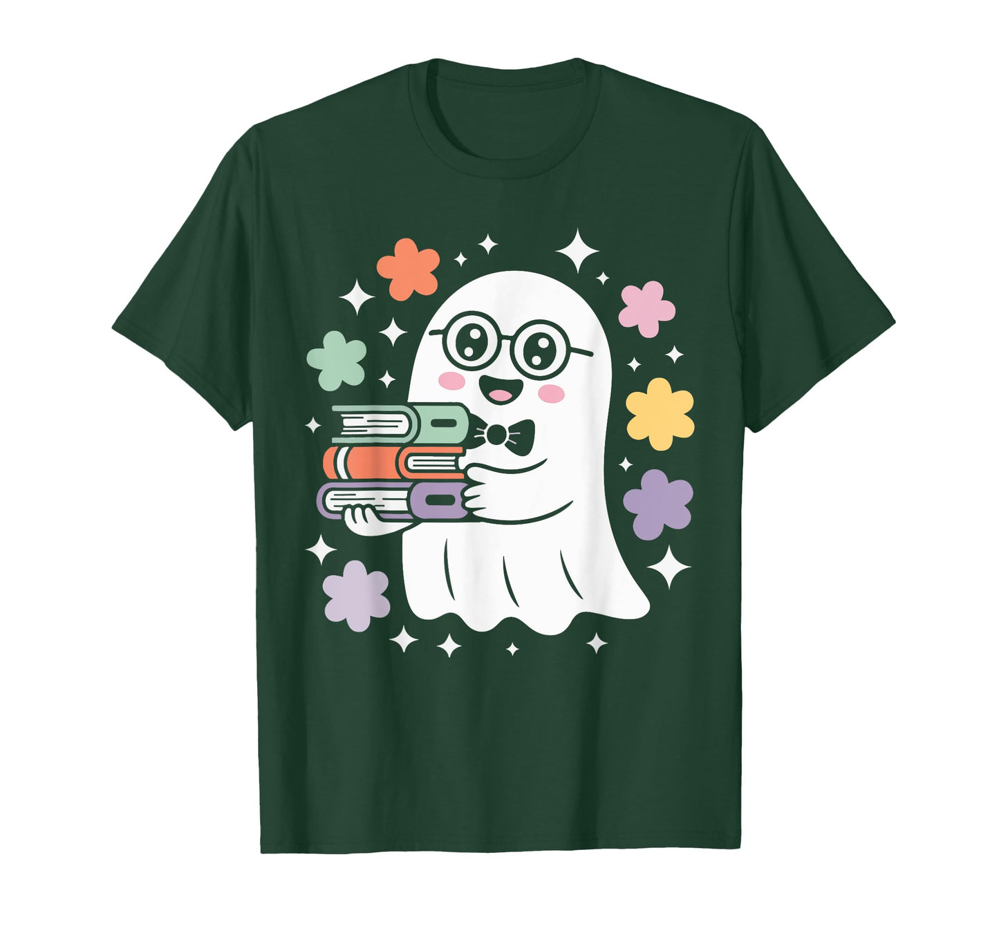 Kawaii Ghost Holding Bold Color Book Stack Halloween T-Shirt