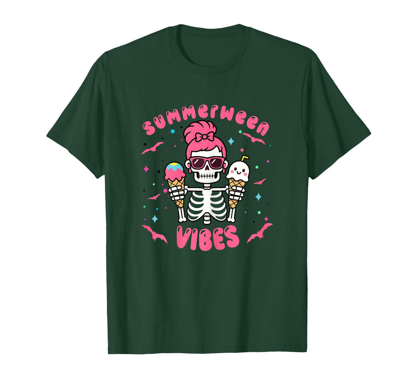 Summerween Vibes Skeletonb Halloween Summer Pink Hair T-Shirt