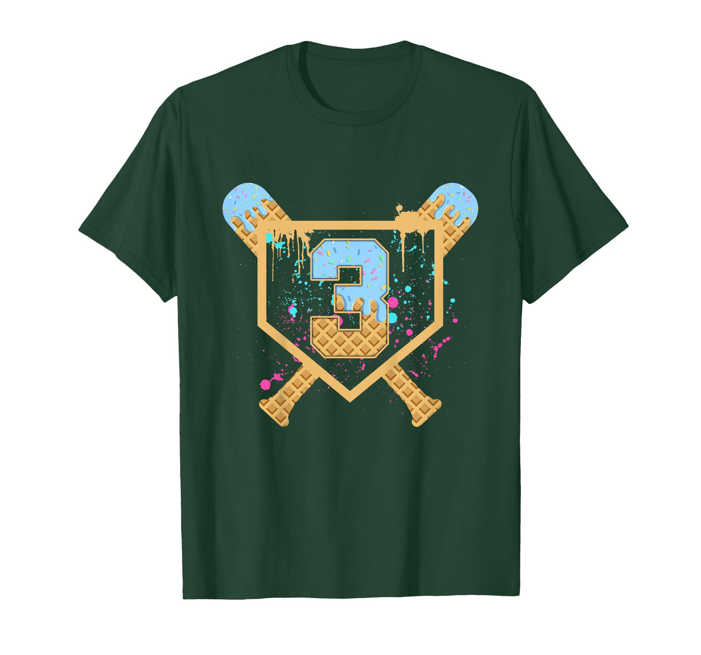 Kids Baseball 3 Year Old Ice Cream Drip 3rd Birthday Boy Number 3 T-Shirt