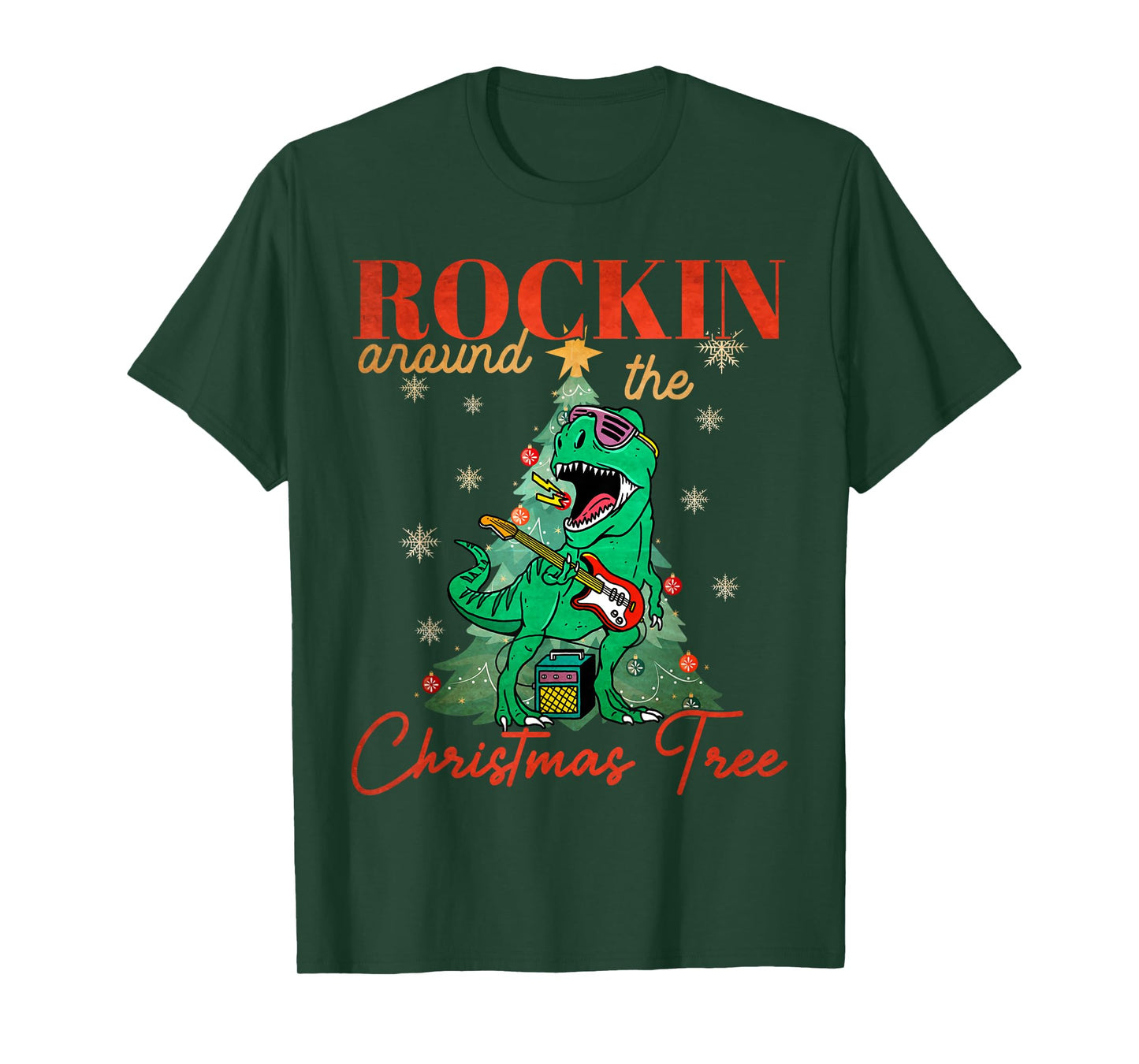 Rocking Around The Christmas Tree T-rex Rock and Roll Guitar T-Shirt