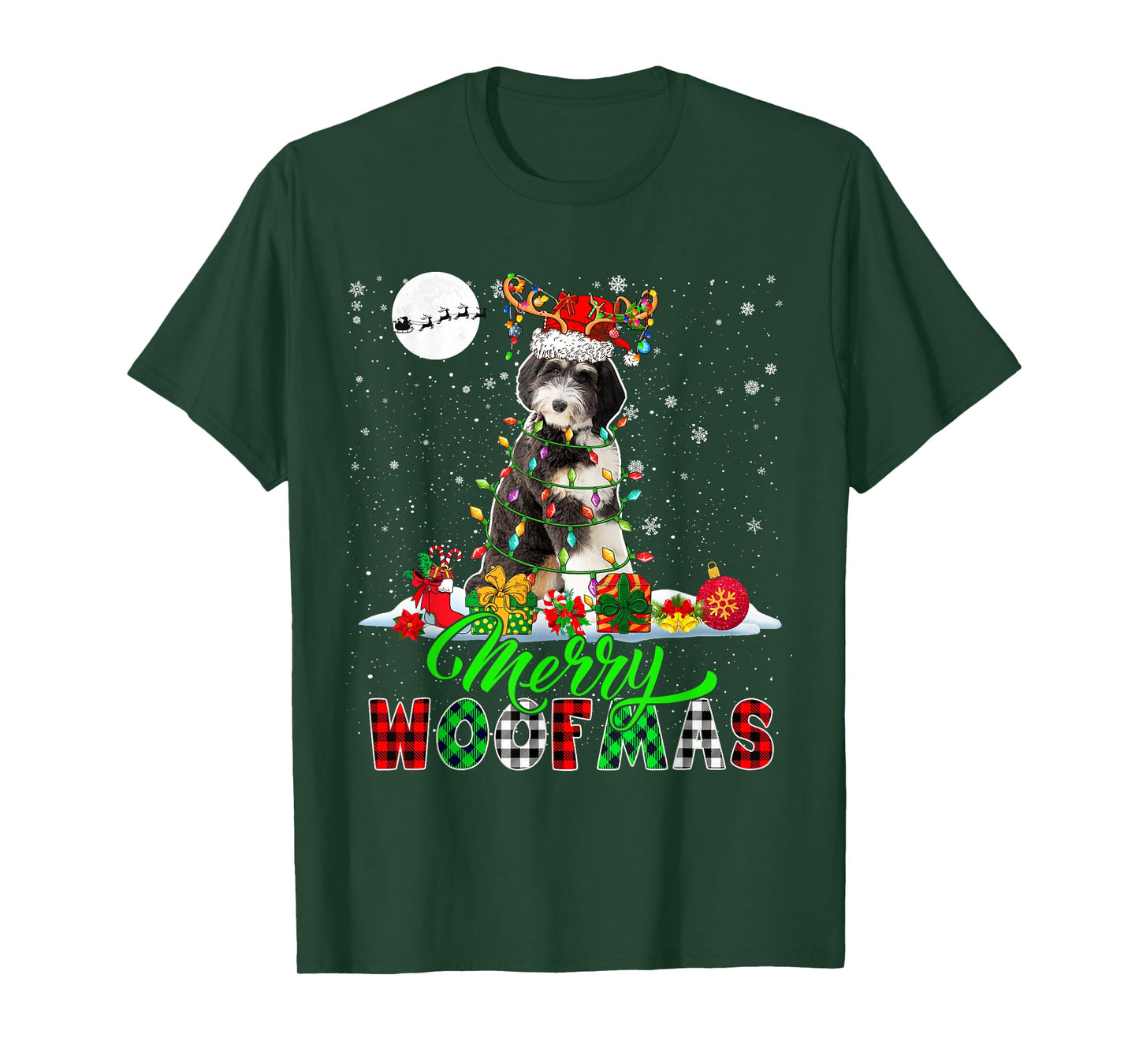 Merry Christmas Funny Woof Xmas Santa Reindeer Bernedoodle T-Shirt