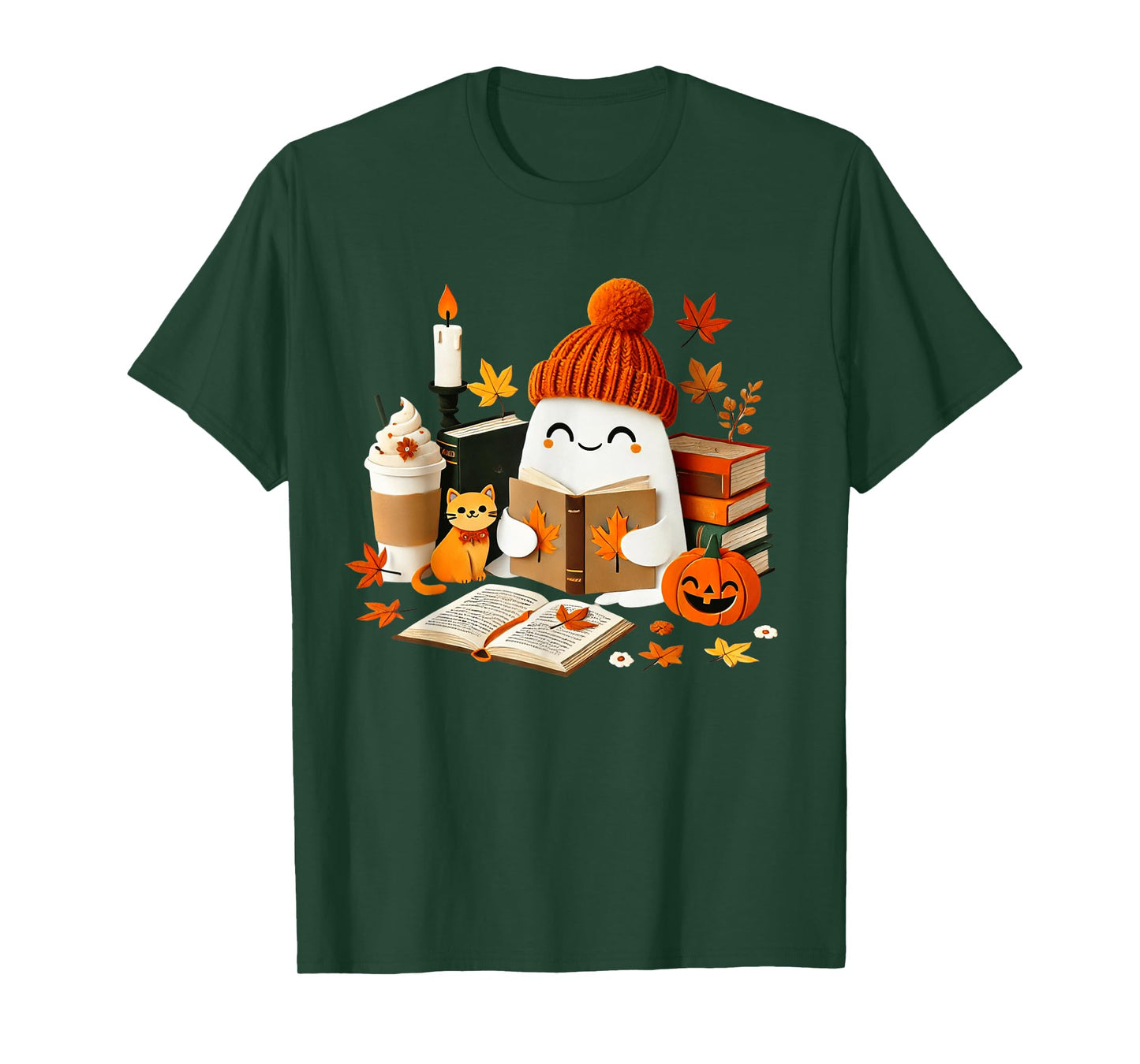 Cute Ghost Cat Reading Book Lovers Halloween Women Girls T-Shirt