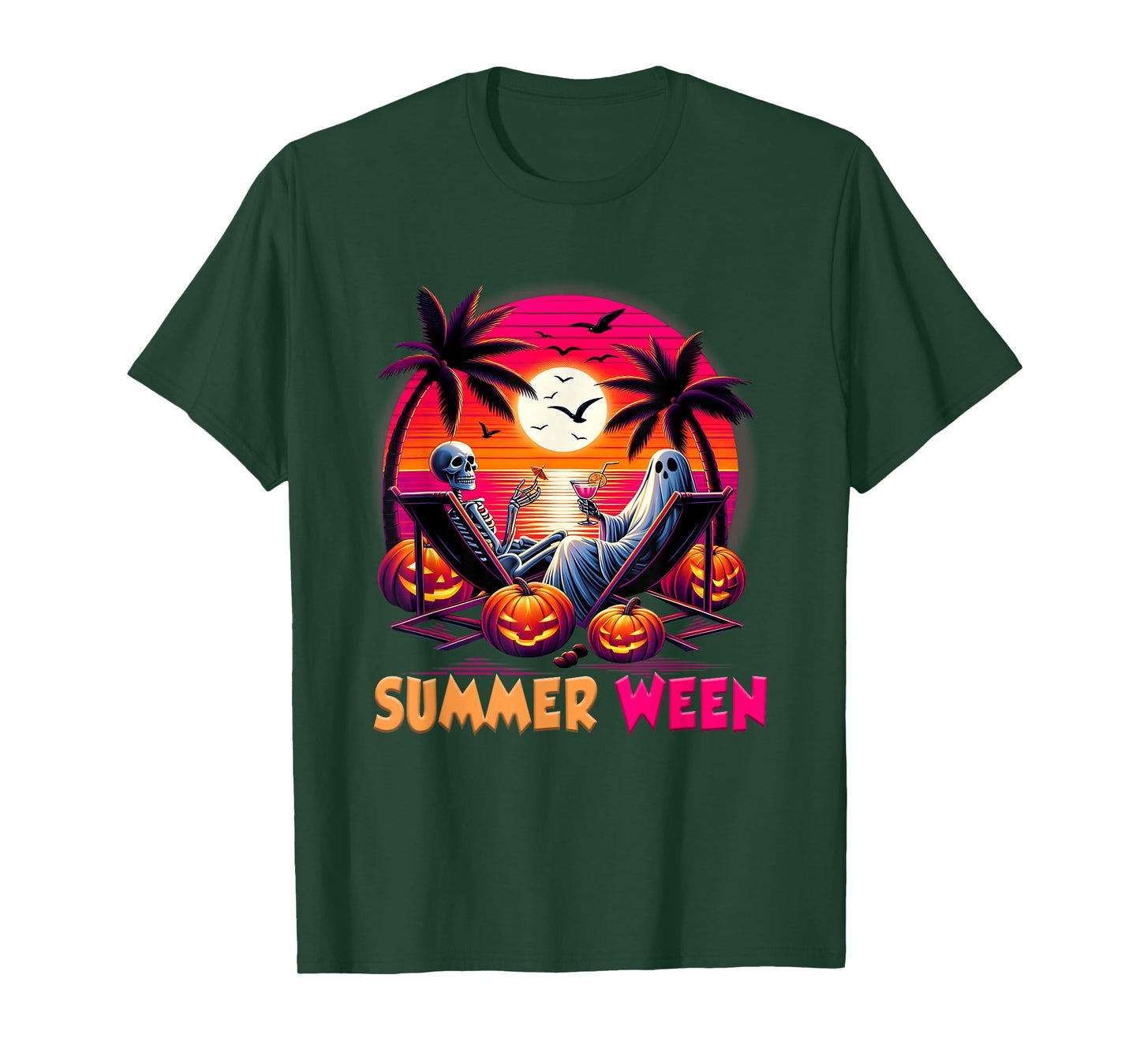 Skeleton Summer-ween Beach Halloween Vibe Sunset Party T-Shirt