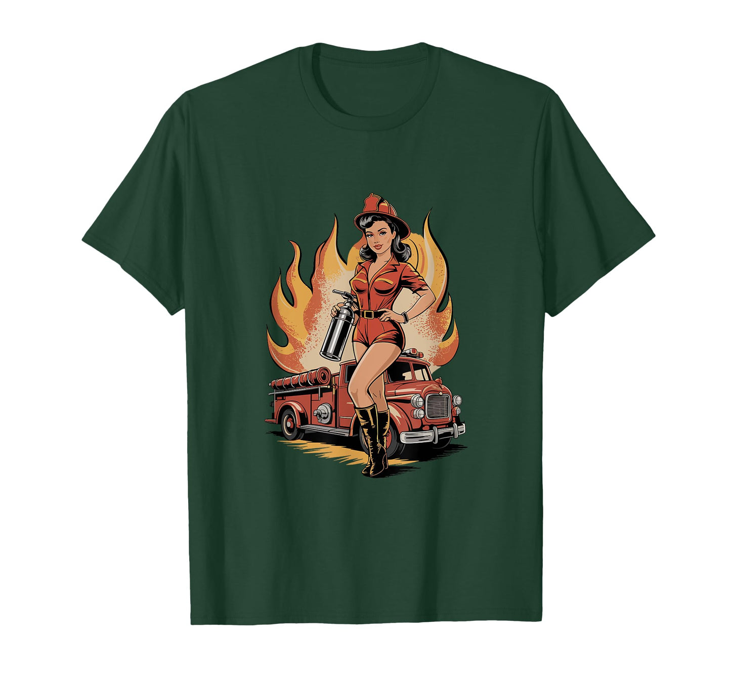 Retro Firefighter Pin Up Girl Fire Truck T-Shirt